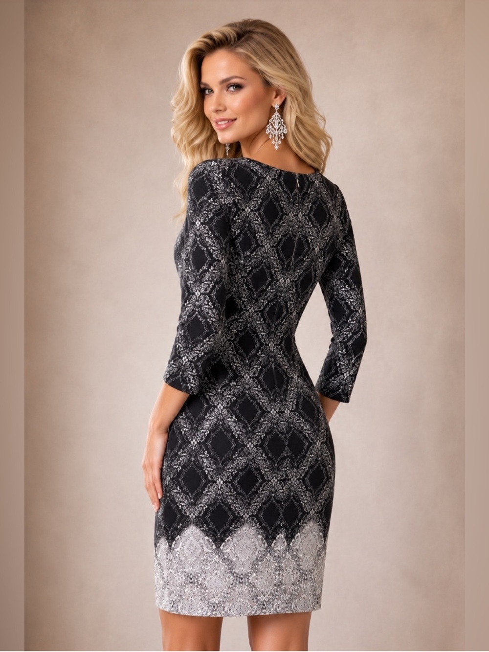 White House Black Market Black and Silver Patterned Midi Dress